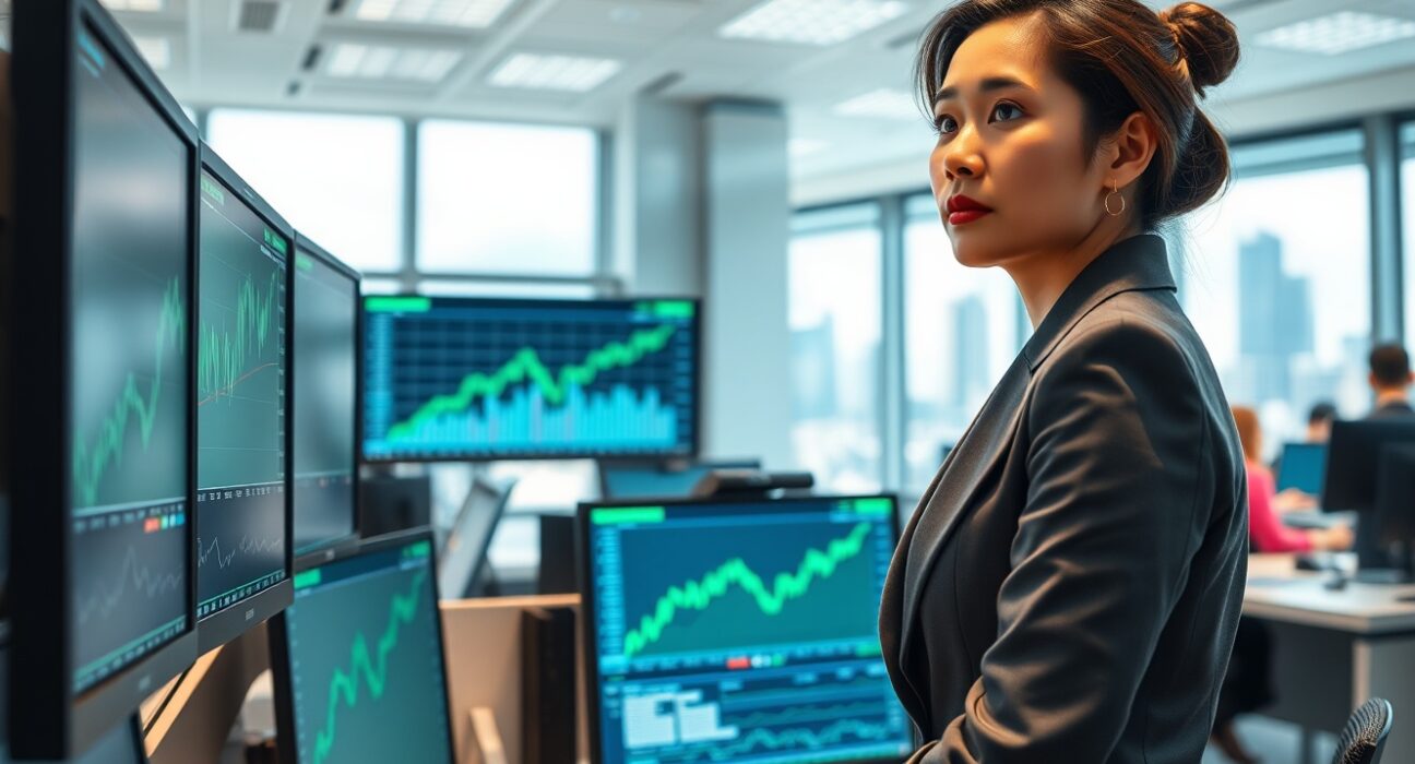 Professional trader analyzing AUD/USD bounce on trading desk monitors showing forex market recovery