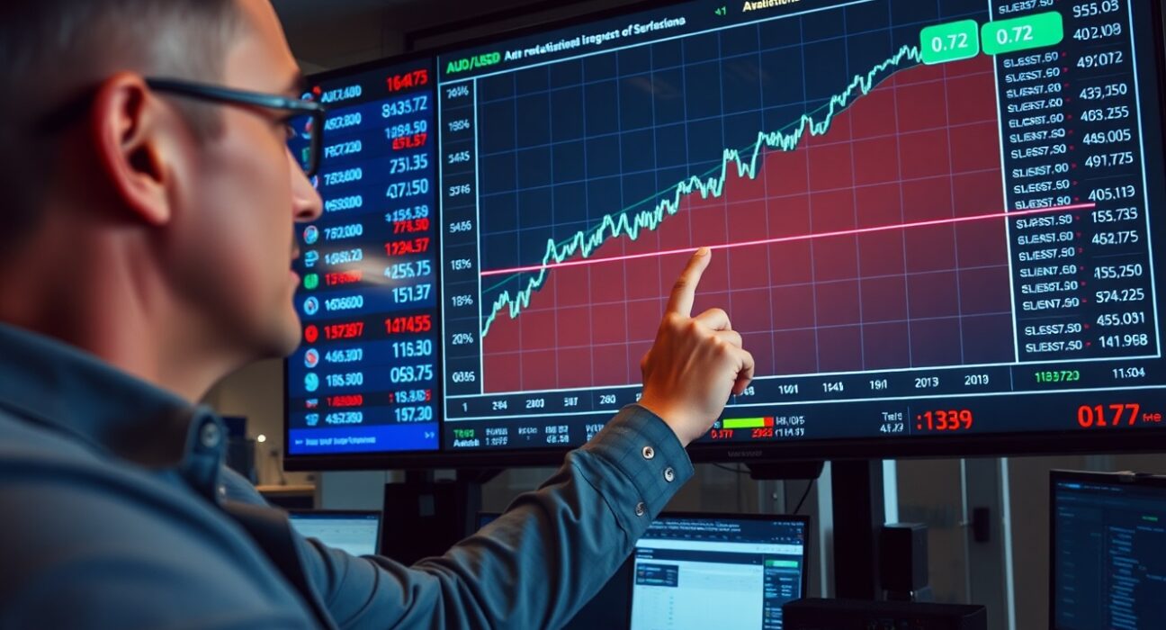 Financial analyst pointing at AUD/USD forex chart showing break above 0.72 level on trading floor