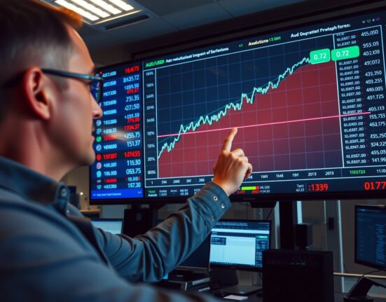 Financial analyst pointing at AUD/USD forex chart showing break above 0.72 level on trading floor