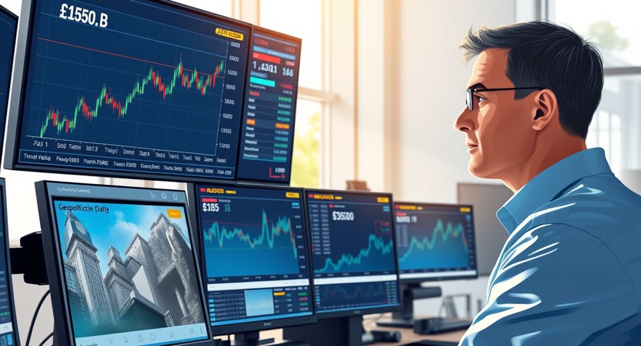 Financial trader analyzing AUD/USD currency movements amid geopolitical and economic data releases