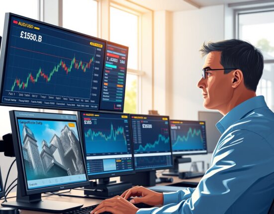 Financial trader analyzing AUD/USD currency movements amid geopolitical and economic data releases
