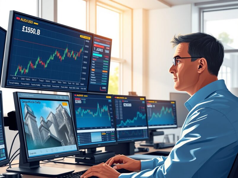 Financial trader analyzing AUD/USD currency movements amid geopolitical and economic data releases