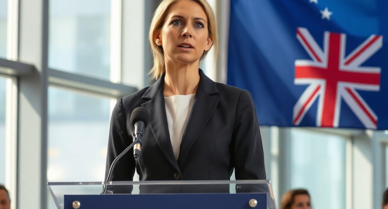 RBA Governor Michele Bullock speaking at a press conference with Australian flag in background