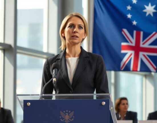 RBA Governor Michele Bullock speaking at a press conference with Australian flag in background