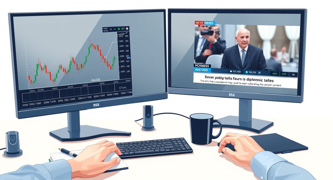 Forex trading desk analysis showing AUD/USD chart rising amid news of US-Iran ceasefire and RBA policy.