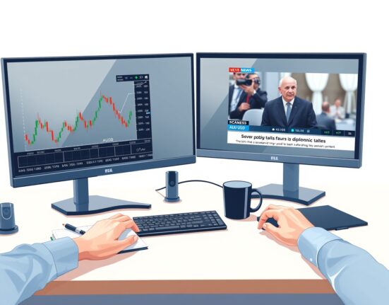 Forex trading desk analysis showing AUD/USD chart rising amid news of US-Iran ceasefire and RBA policy.