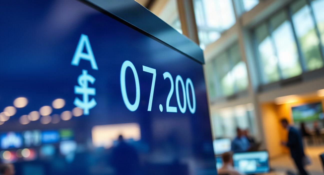 Currency exchange board showing AUD/USD pair at 0.7200 on a trading floor