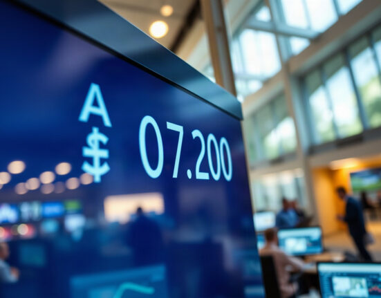 Currency exchange board showing AUD/USD pair at 0.7200 on a trading floor