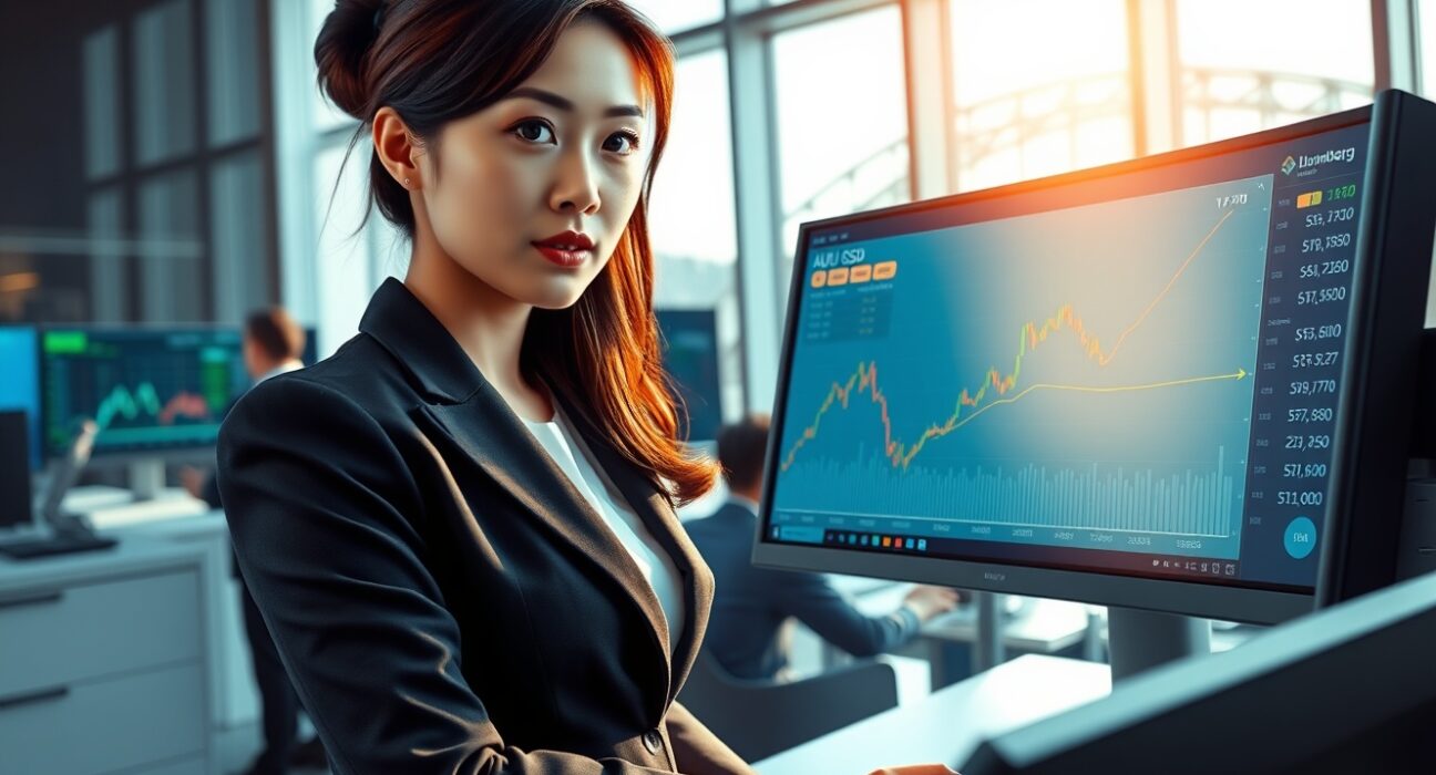 Trader in Sydney monitors AUD/USD surge above 0.7170 on Bloomberg Terminal as risk appetite improves.