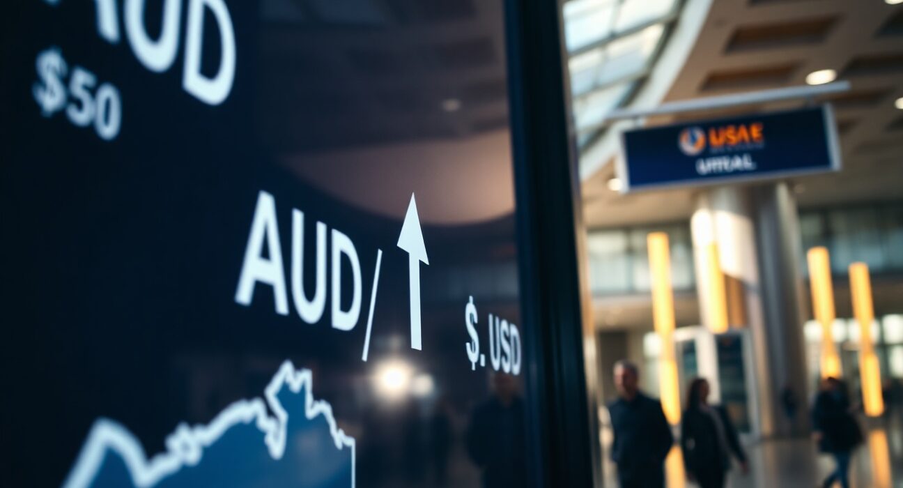 AUD/USD exchange rate chart showing upward movement near two-month highs