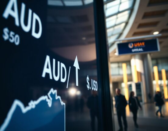 AUD/USD exchange rate chart showing upward movement near two-month highs