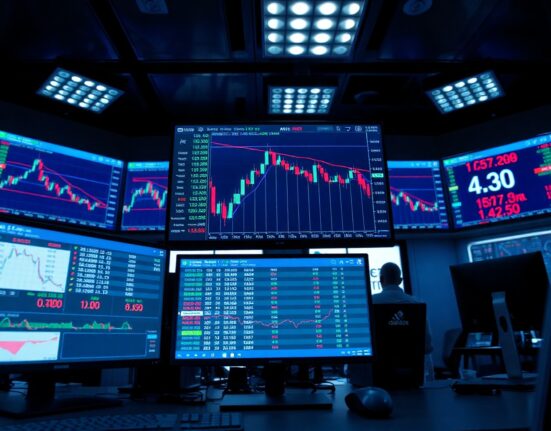 Forex trading desk showing AUD/USD chart near 0.7000 support level