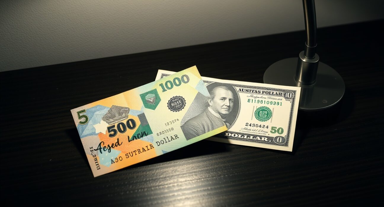 Australian Dollar and US Dollar banknotes on a dark surface, representing AUD/USD currency pair consolidation.