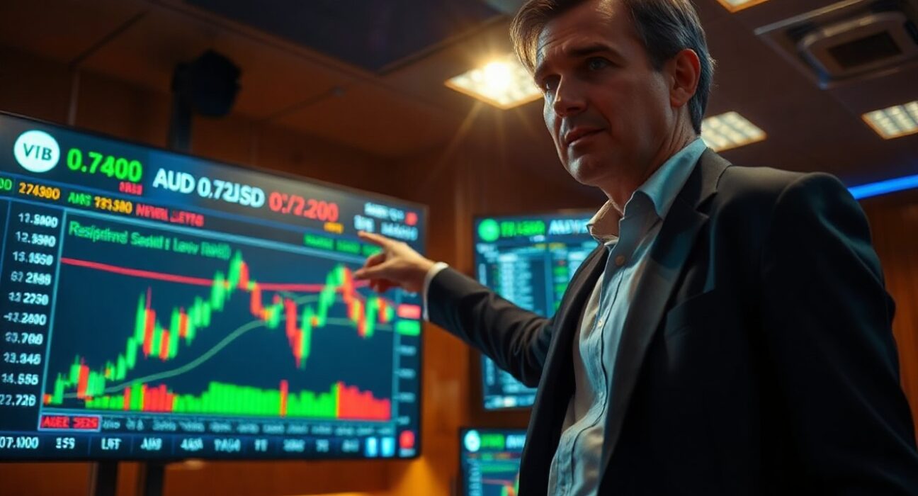 Financial analyst pointing at AUD/USD forex chart with 0.7200 resistance level on trading floor screens