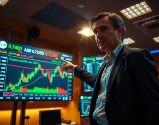 Financial analyst pointing at AUD/USD forex chart with 0.7200 resistance level on trading floor screens
