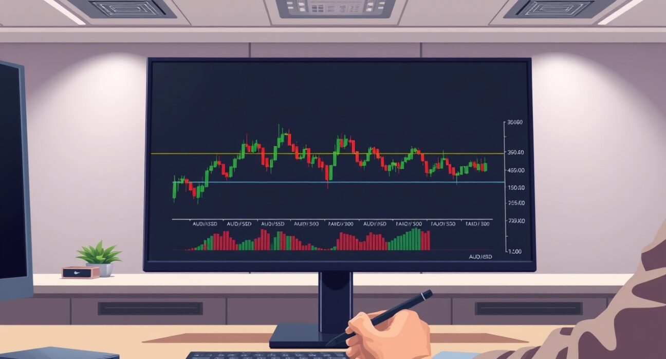 AUD/USD consolidation below resistance level on forex trading screen, UOB technical analysis for Australian dollar forecast.