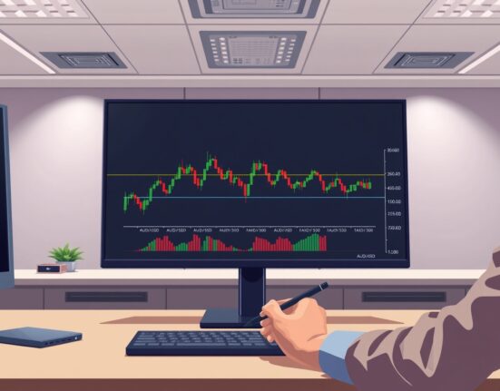 AUD/USD consolidation below resistance level on forex trading screen, UOB technical analysis for Australian dollar forecast.