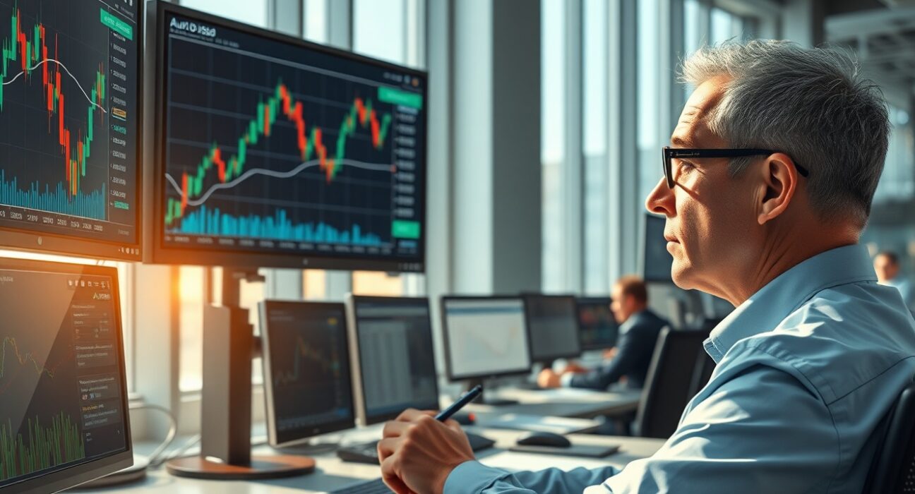 Trader in Sydney analyzes AUD/USD forex charts ahead of critical Australian inflation data release.