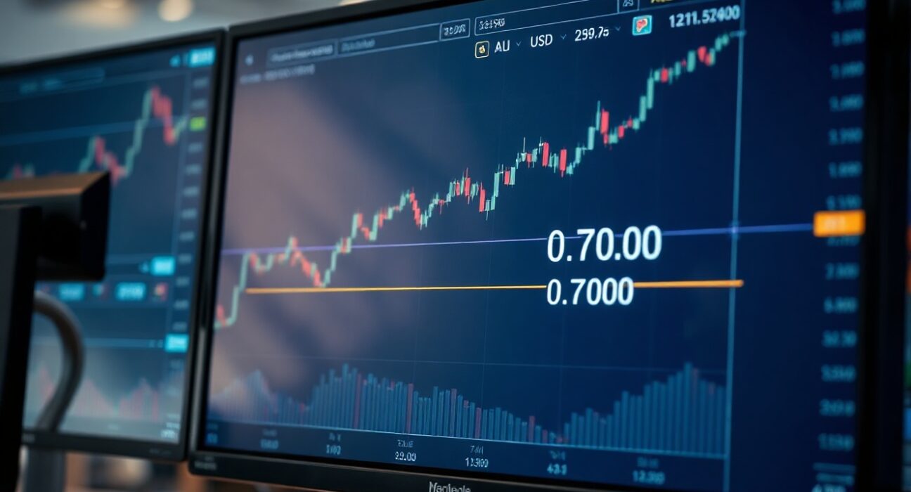 AUD/USD forex chart approaching the 0.7000 resistance level on a trading screen