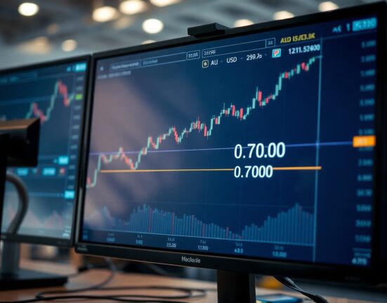 AUD/USD forex chart approaching the 0.7000 resistance level on a trading screen