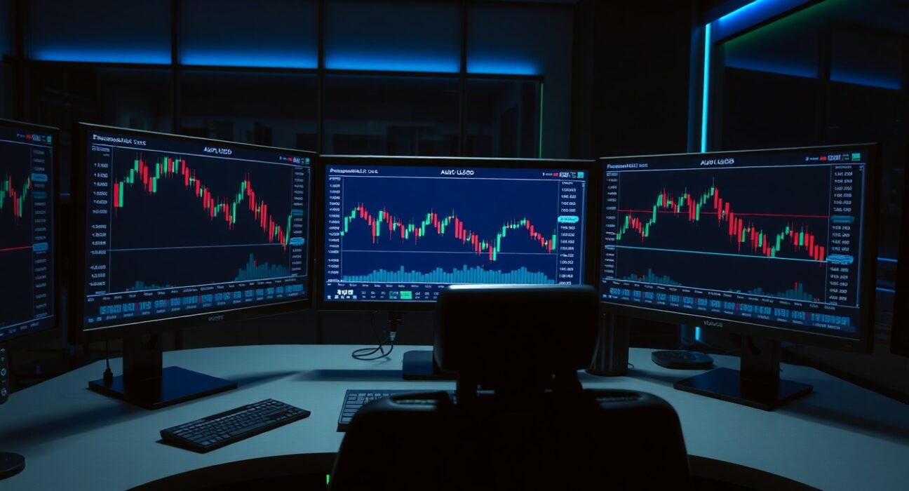 AUD/USD forex chart on trading monitors showing a downtrend amid strong US economic data.