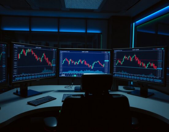 AUD/USD forex chart on trading monitors showing a downtrend amid strong US economic data.