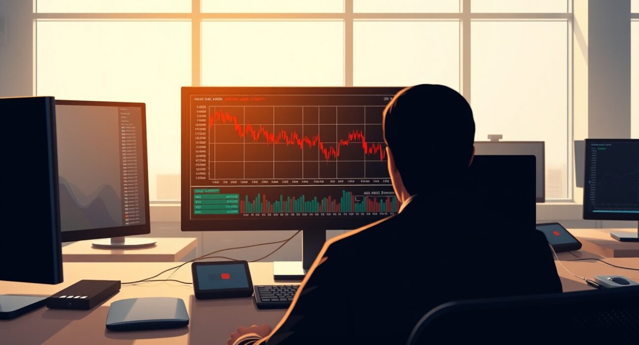 AUD/USD forex chart declining on a trading desk monitor, representing market analysis.