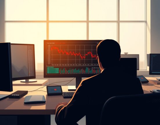 AUD/USD forex chart declining on a trading desk monitor, representing market analysis.
