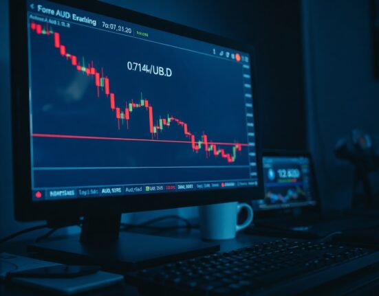 Forex trading chart showing AUD/USD downtrend approaching 0.7140 support level