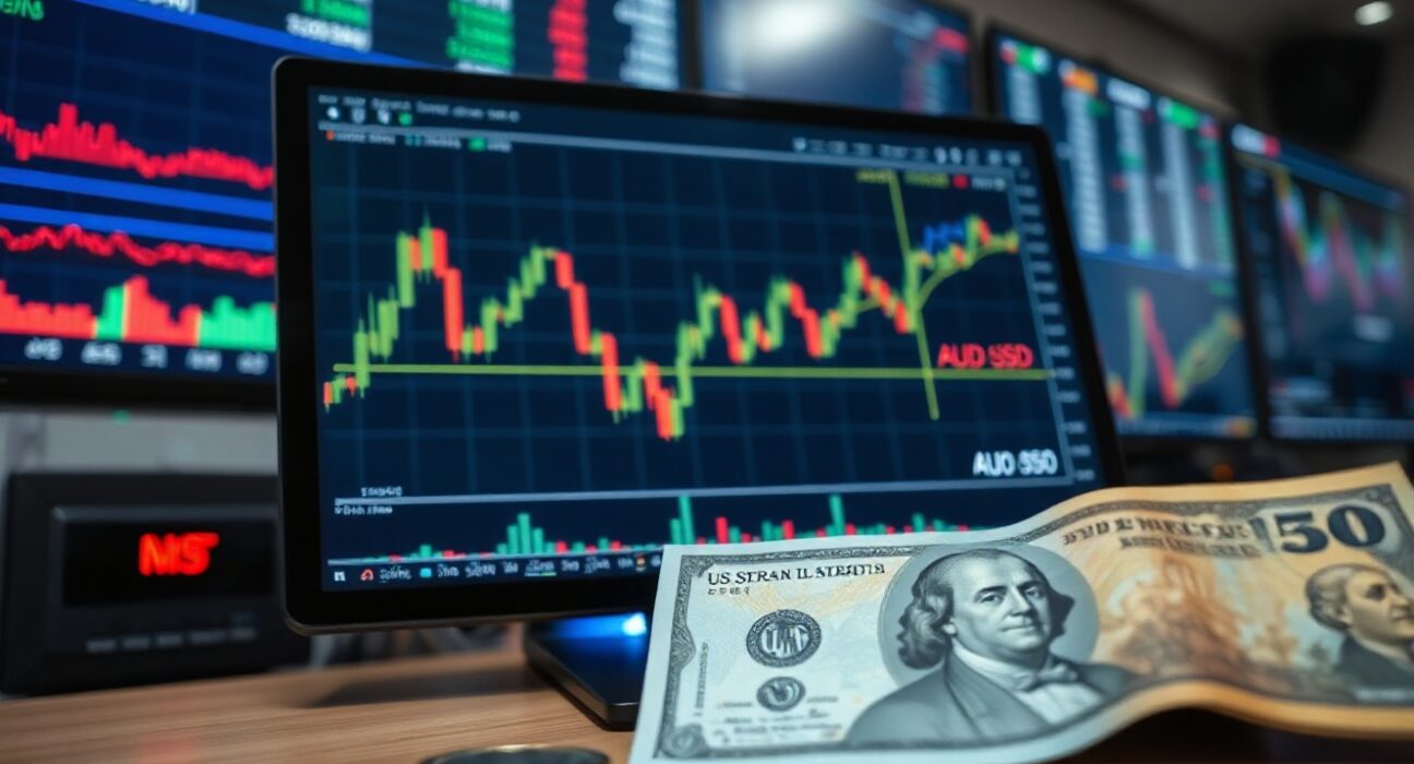 AUD/USD chart and US dollar banknote on a trading desk, symbolizing forex market analysis