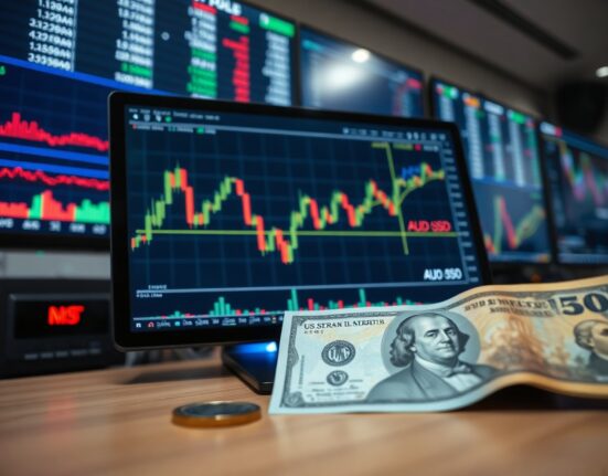 AUD/USD chart and US dollar banknote on a trading desk, symbolizing forex market analysis