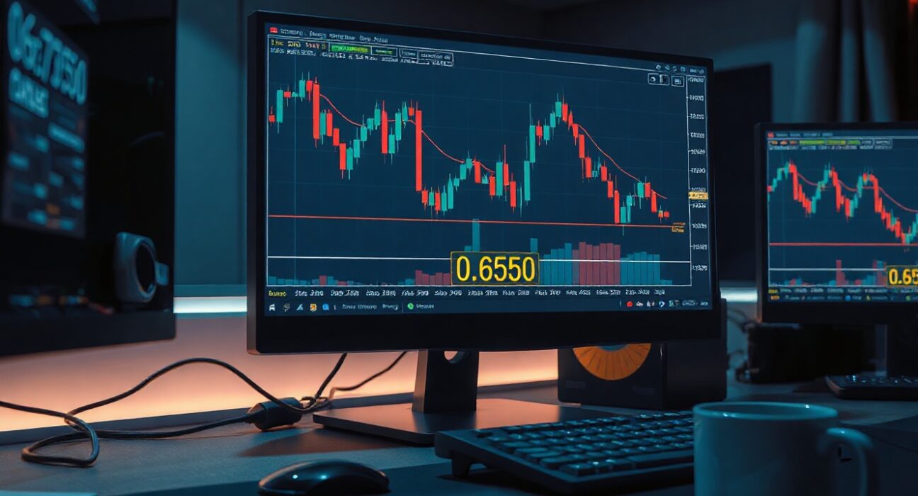 Forex trading screen showing AUD/USD descending channel chart with 0.6950 support level highlighted