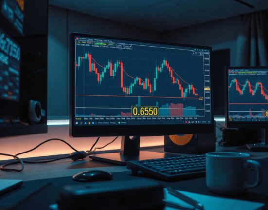 Forex trading screen showing AUD/USD descending channel chart with 0.6950 support level highlighted