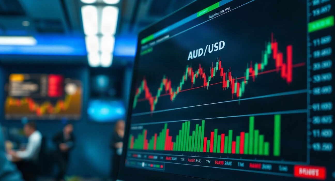 AUD/USD forex chart on trading screen with market analysis