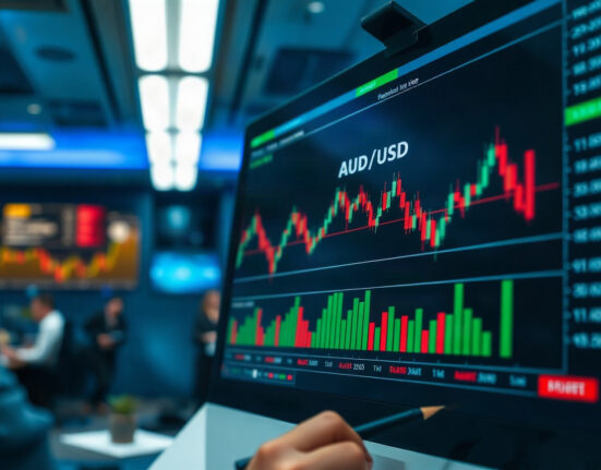 AUD/USD forex chart on trading screen with market analysis