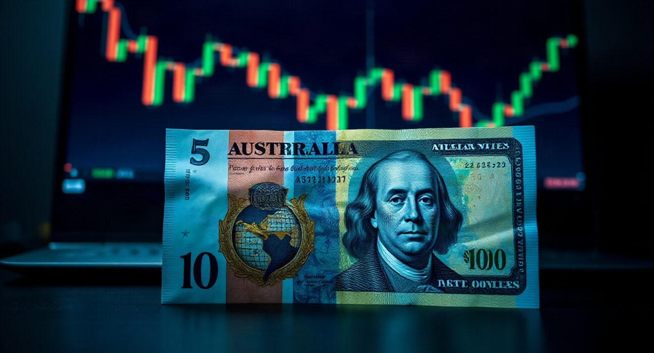 Australian Dollar and US Dollar banknotes on a trading desk with a chart in background