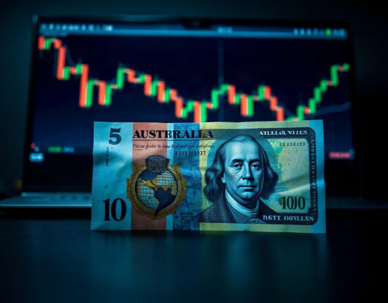 Australian Dollar and US Dollar banknotes on a trading desk with a chart in background
