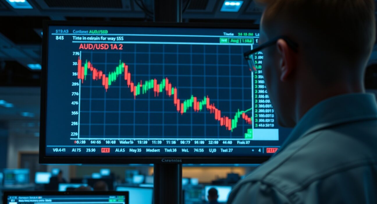 Financial analyst reviewing AUD/USD currency chart showing downside trend on trading monitor