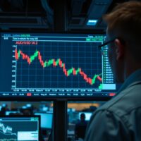 Financial analyst reviewing AUD/USD currency chart showing downside trend on trading monitor