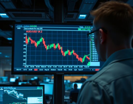 Financial analyst reviewing AUD/USD currency chart showing downside trend on trading monitor