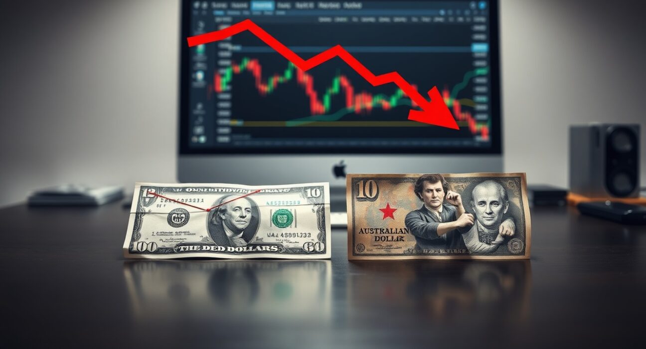 AUD/USD currency pair chart with Australian and US dollar banknotes, highlighting downside risk from UOB analysis.