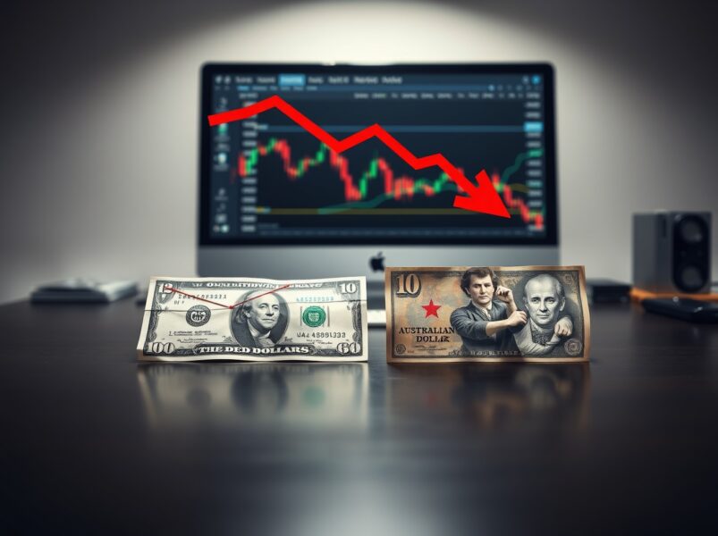 AUD/USD currency pair chart with Australian and US dollar banknotes, highlighting downside risk from UOB analysis.