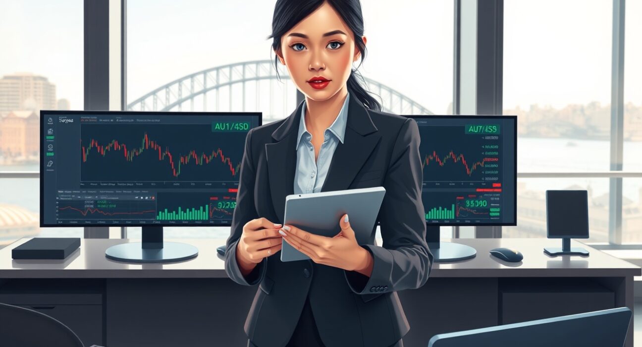 Trader analyzing AUD/USD currency pair decline on financial market screens