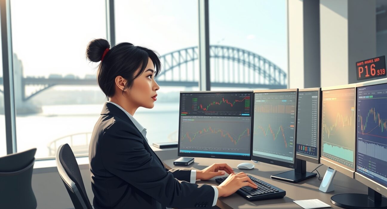 Forex trader analyzing AUD/USD currency pair drop and US Dollar strength on trading monitors