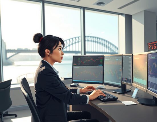 Forex trader analyzing AUD/USD currency pair drop and US Dollar strength on trading monitors