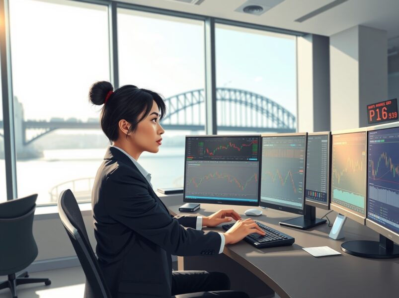 Forex trader analyzing AUD/USD currency pair drop and US Dollar strength on trading monitors