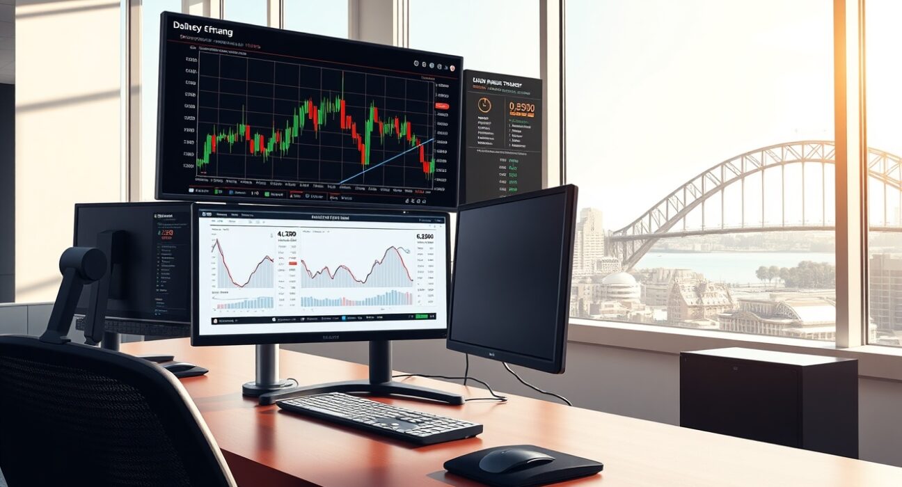 Professional trading desk monitoring AUD/USD currency pair ahead of US Non-Farm Payrolls data release.