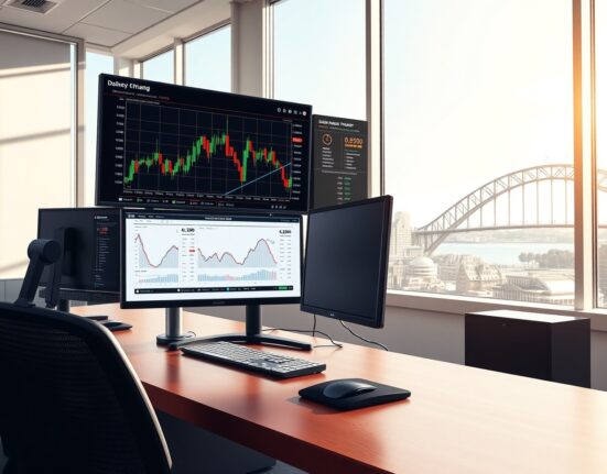 Professional trading desk monitoring AUD/USD currency pair ahead of US Non-Farm Payrolls data release.