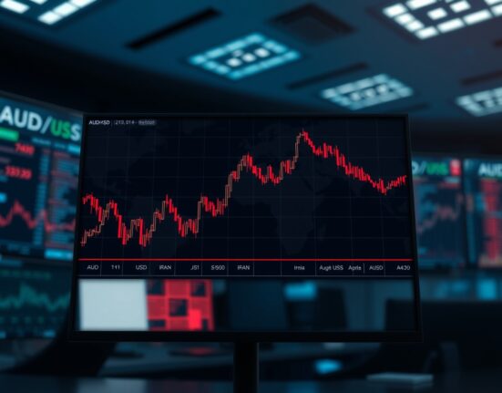 AUD/USD edges lower on trading screen amid US-Iran tensions and Australian PMI data
