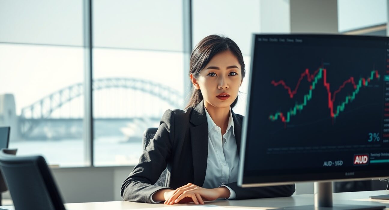 Trader analyzing AUD/USD currency pair decline during risk aversion market conditions